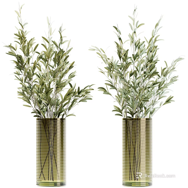 Lush Green Olive Branches In Two Decorative Gold Striped Vases 3d model 
