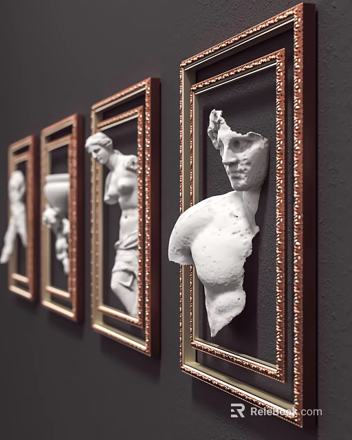 White Sculptural Fragments In Golden Framed Displays Arranged On Black Wall 3d model 