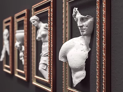 White Sculptural Fragments In Golden Framed Displays Arranged On Black Wall 3d model
