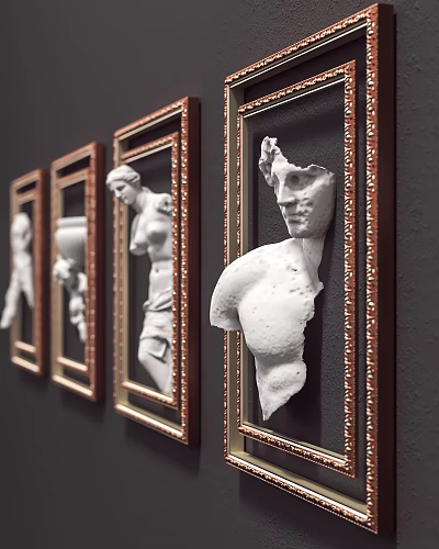 White Sculptural Fragments In Golden Framed Displays Arranged On Black Wall 3d model