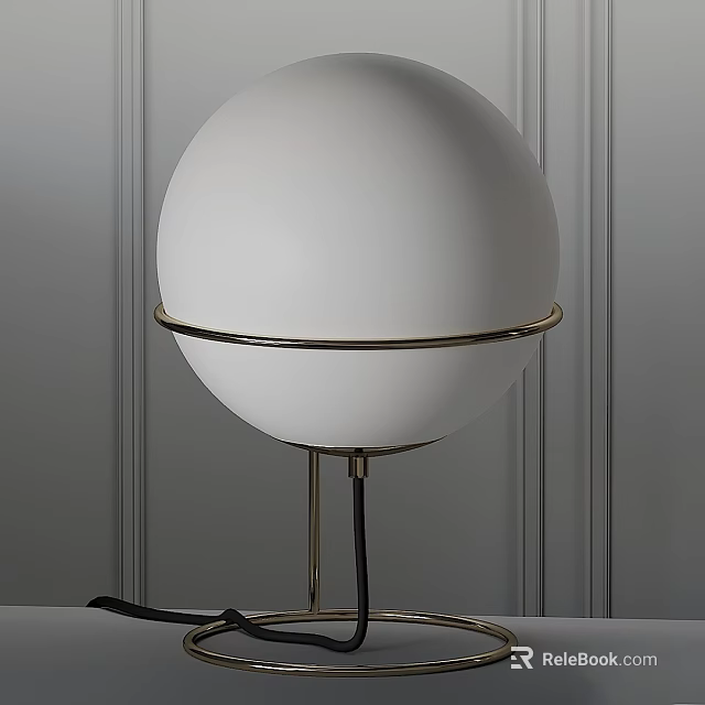 White Spherical Lampshade Table Lamp with Golden Circular Metal Frame and Gray Striped Wall 3d model 