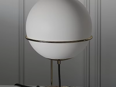 White Spherical Lampshade Table Lamp with Golden Circular Metal Frame and Gray Striped Wall 3d model