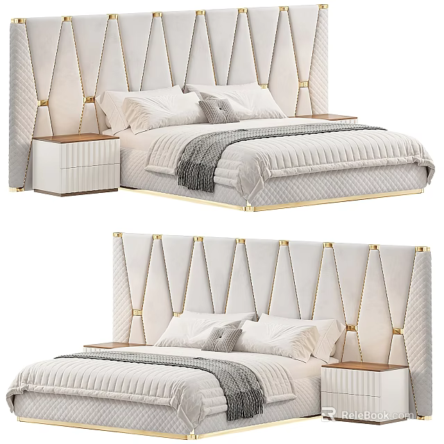 Luxury Double Bed With Diamond Stitched Headboard Gold Accents Cream Bedding And Wooden Nightstands 3d model 