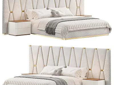 Luxury Double Bed With Diamond Stitched Headboard Gold Accents Cream Bedding And Wooden Nightstands 3d model