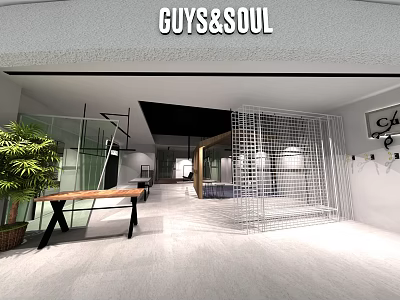 GUYS&SOUL Modern Clothing Store Interior With Green Plant Metal Grid Screen And Wooden Table 3d model