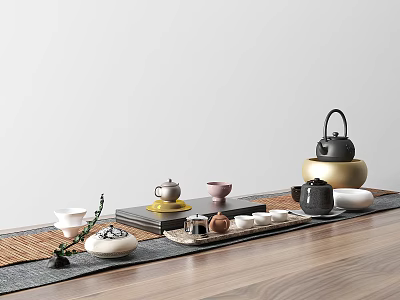 Elegant Tea Set Display With Black Gold White Utensils On Wooden Table And Bamboo Mat 3d model