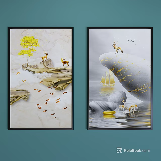 Decorative Wall Art With Deer Yellow Tree Flying Birds Sailing Boats And Golden Waves 3d model 