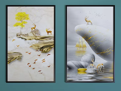 Decorative Wall Art With Deer Yellow Tree Flying Birds Sailing Boats And Golden Waves 3d model