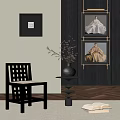 Elegant Portrait Paintings in Black Frames Hanging on Dark Wall With Decorative Chair and Vase