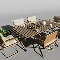 Wooden Slat Outdoor Table with Six Upholstered Chairs and Tabletop Cups Fruits for Garden Patio