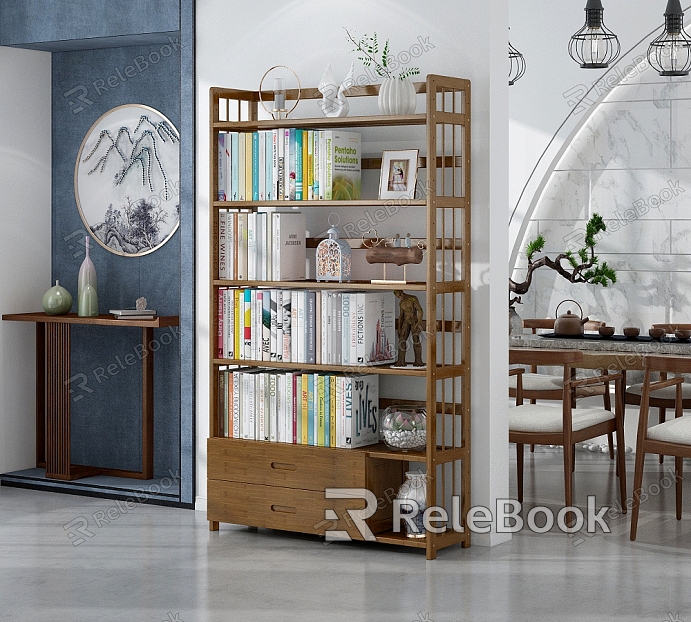 Modern Bookshelf Study Book Ornaments Tea Table Tea Room Green Plant Vase End View Table Bookcase model