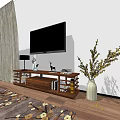 Modern TV Stand With Flat Screen TV Vase Table Lamp Decorative Items And Curtain
