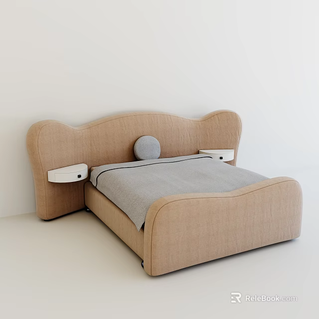 Beige Double Bed With Curved Headboard Side Storage And Gray Bedding 3d model