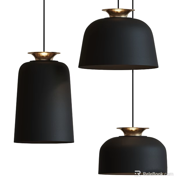 Elegant Modern Black Pendant Lights Featuring Golden Base Design Elements 3d model 