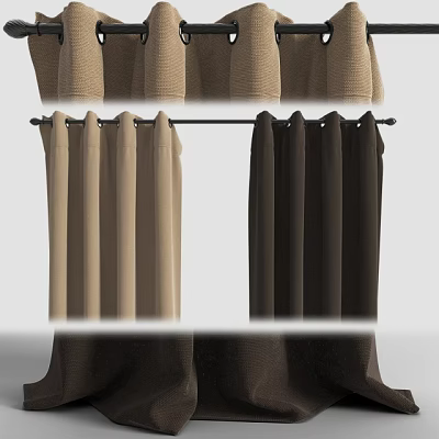Beige And Dark Brown Solid Color Fabric Curtains Hanging On Curtain Rod 3d model