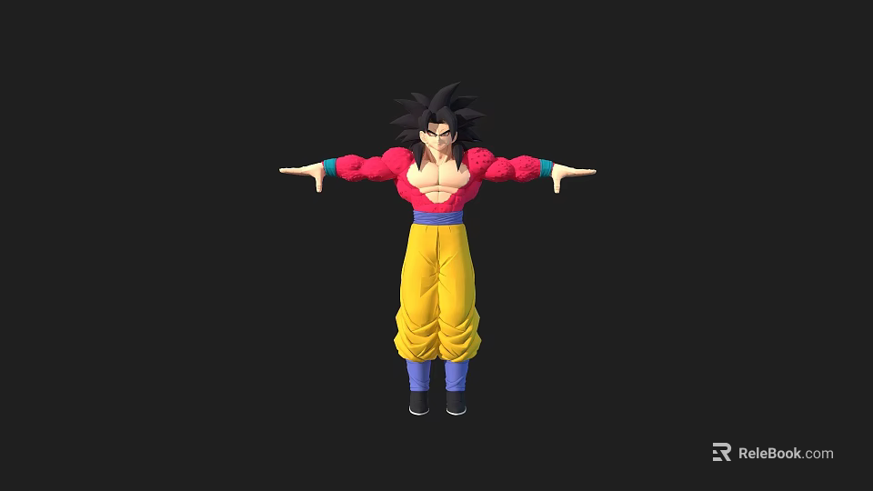 Anime Game Character Standing With Black Hair Red Top Yellow Pants Blue Belt Arms Outstretched 3d model 