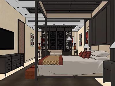 Hotel Guest Room Interior With Bed Nightstand Lamp TV And Chinese Style Screen 3d model