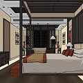Hotel Guest Room Interior With Bed Nightstand Lamp TV And Chinese Style Screen
