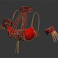 Red Ornate Beaded Fringed Lingerie Set With Collar Straps And Arm Cuffs