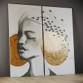 Portrait Painting With Closed Eyes Side Profile Golden Circular Shapes Black Fish Patterns White Background