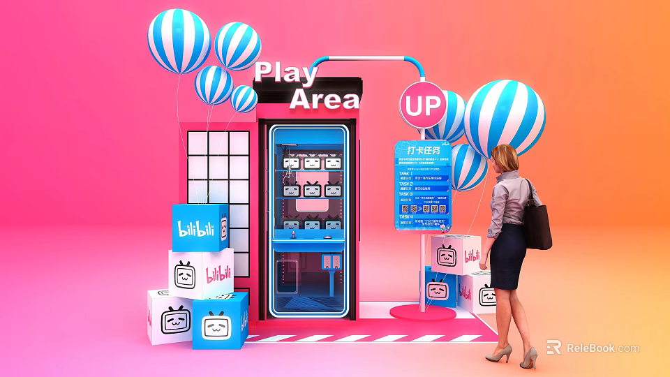 Play Area Featuring Vending Machine Blue White Balloons LALALA Boxes And Woman With Shopping Bag 3d model 
