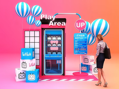 Play Area Featuring Vending Machine Blue White Balloons LALALA Boxes And Woman With Shopping Bag 3d model