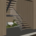 Modern Staircase Design With Wooden Steps Glass Railing And Green Plants Against Wooden Wall