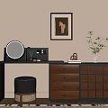 Stylish Dressing Table With Circular Mirror Drawers Stool Potted Plant And Framed Artwork 3d model