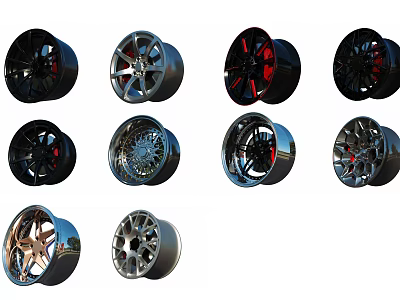 Different Stylish Alloy Car Wheels With Black Silver Red Accents And Spoke Designs 3d model