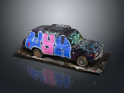 Vintage Car With Colorful Graffiti Artwork On Purple Blue Pink Body And Roof Rack 3d model