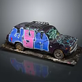 Vintage Car With Colorful Graffiti Artwork On Purple Blue Pink Body And Roof Rack