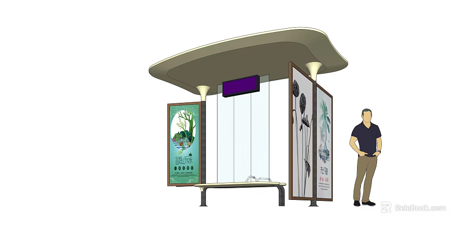 Modern Bus Stop Shelter With Bench Lamp Posts And Advertisement Boards 3d model 