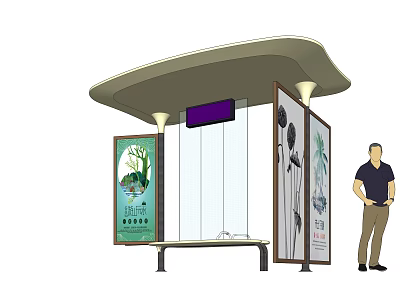 Modern Bus Stop Shelter With Bench Lamp Posts And Advertisement Boards 3d model