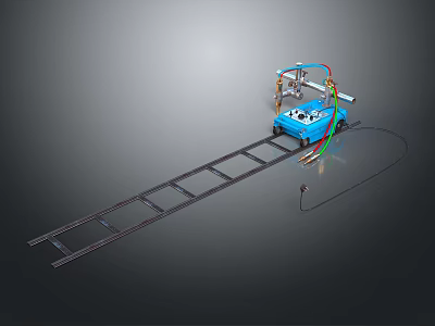 Blue Toy Train Model On Long Track With Colorful Wires And Small Accessories 3d model