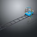 Blue Toy Train Model On Long Track With Colorful Wires And Small Accessories