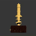 Golden Microscope Model On Brown Base With Drawer And Small Tool