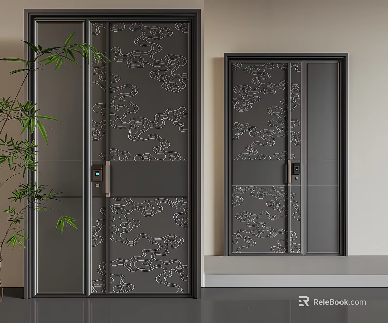 Modern Black Parent Child Door With Cloud Pattern And Metal Handle Design 3d model