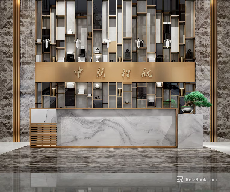 Elegant Modern Reception Desk With Marble Countertop Gold Frame Geometric Wall And Green Plant Decor 3d model 