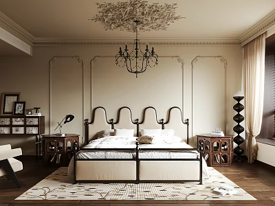 Classic Bedroom Interior With Ornate Chandelier Decorative Bed Frame Nightstands And Area Rug 3d model