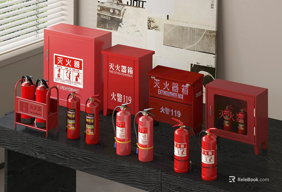 Multiple Red Fire Extinguishers And Cabinets For Indoor Fire Equipment 3d model