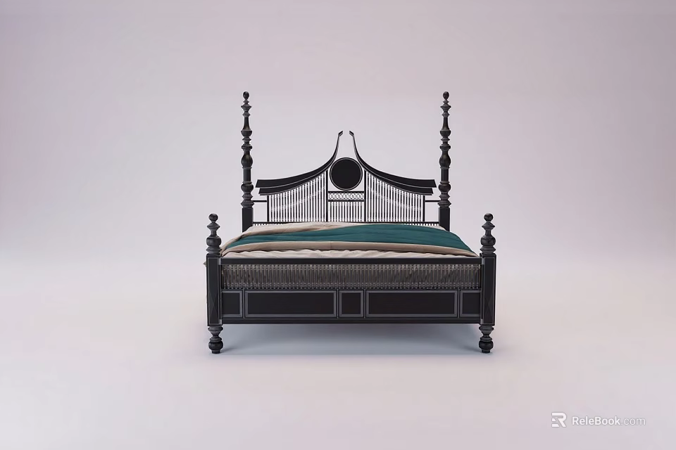 Classic Black Wooden Double Bed With Tall Posts Decorative Headboard And Striped Green Beige Bedding 3d model 
