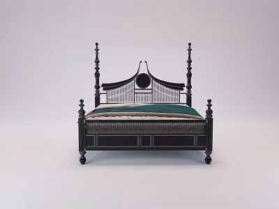 Classic Black Wooden Double Bed With Tall Posts Decorative Headboard And Striped Green Beige Bedding 3d model