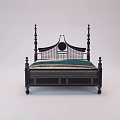 Classic Black Wooden Double Bed With Tall Posts Decorative Headboard And Striped Green Beige Bedding