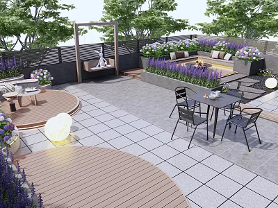 Roof Garden Design With Wooden Deck Paved Flooring And Outdoor Seating 3d model