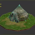 Traditional Thatched House with Conical Thatched Roof and Wooden Structure in Grassland Area