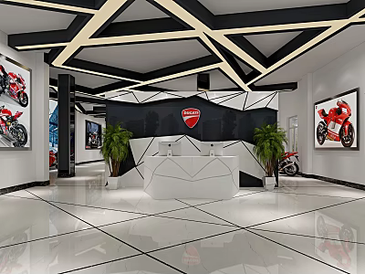 Modern Ducati Reception Area With White Reception Desk Geometric Backdrop Green Plants And Motorcycle Posters 3d model