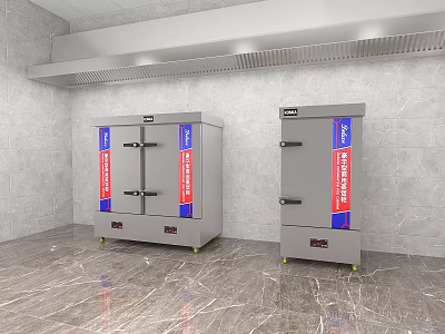 Commercial Kitchen Appliances With Stainless Steel Double Door And Red Blue Labels 3d model
