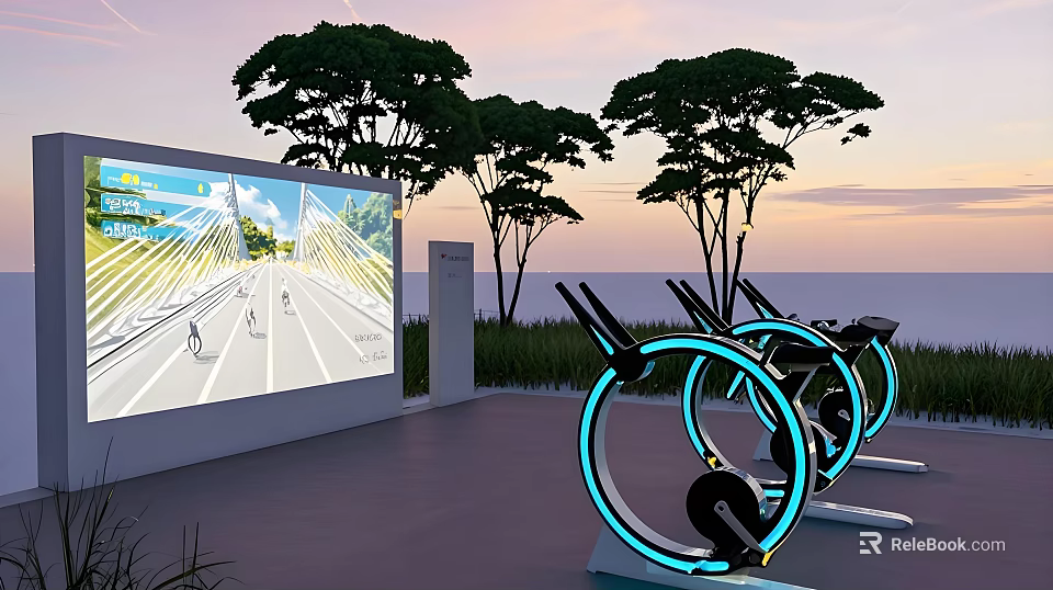 Outdoor Fitness Workout With Spin Bikes And Large Screen Showing Road At Sunset 3d model 