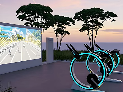 Outdoor Fitness Workout With Spin Bikes And Large Screen Showing Road At Sunset 3d model