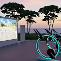 Outdoor Fitness Workout With Spin Bikes And Large Screen Showing Road At Sunset